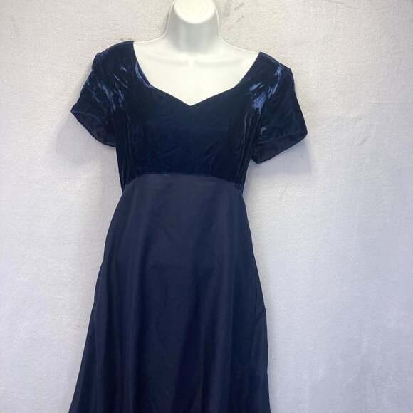 Vintage 90s Empire Waist Velvet Gown Dress Womens 11/12 Navy Blue Made in USA - Picture 3 of 14